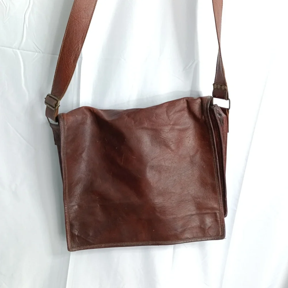 Unbranded Brown Leather Messenger Bag Crossbody Satchel 14x11 s10